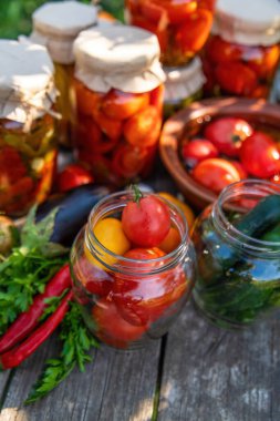 Doğanın arka planında salatalık konservesi yapan bir kadın. Seçici odak.