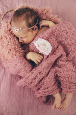 Yeni doğmuş güzel bir kız bebek pembe arka planda uyuyor..