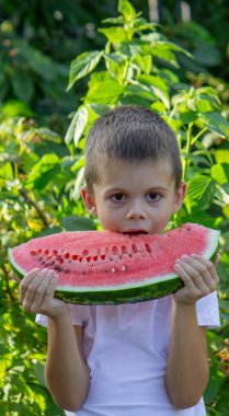 Bahçede karpuz yiyen bir çocuk. Seçici odak.