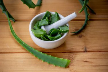 Aloe vera küçük bir şişede gerekli yağ. Seçici odak.