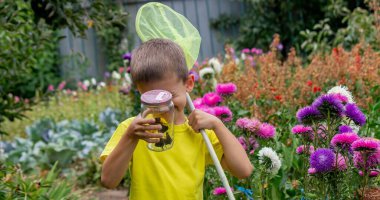 Çocuk bahçede bir kelebek yakalar.