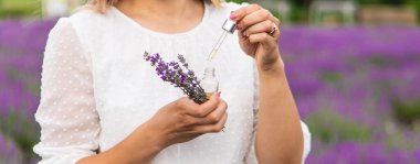 Lavanta tarlasında elinde gerekli yağı tutan bir kadın.