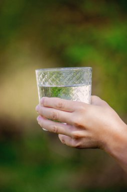 Doğanın arka planında bir bardak su.