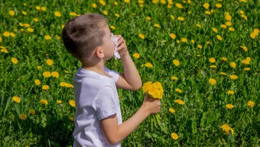 Bir çocukta mevsimsel alerji. Burnun akıyor.
