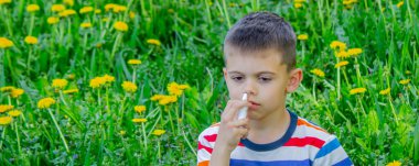 Çiçeklere çocukların alerjisi. Çocuk karahindiba, alerji, hapşırma.