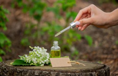 Cam bir şişe nilüfer çiçeği ve taze çiçekli gerekli yağ.
