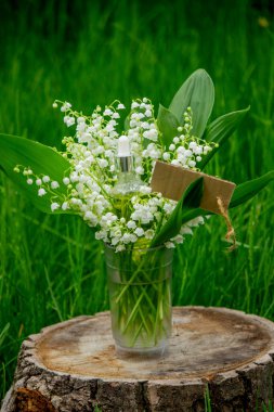 Cam bir şişe nilüfer çiçeği ve taze çiçekli gerekli yağ.