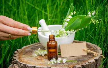 Cam bir şişe nilüfer çiçeği ve taze çiçekli gerekli yağ.