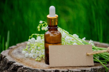 Cam bir şişe nilüfer çiçeği ve taze çiçekli gerekli yağ.