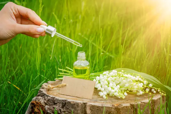 Cam bir şişe nilüfer çiçeği ve taze çiçekli gerekli yağ.