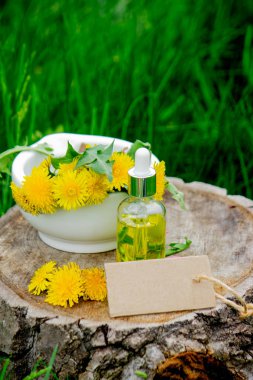 Ahşap bir kütük üzerinde esaslı yağ ya da karahindiba özü. Doğa.