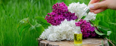 Ahşap bir kütükte leylak yağı. Kokulu yağ ve leylak çiçekli bir şişe..