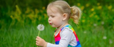 Yazın sokakta karahindiba çiçeğine üfleyen sevimli küçük kız. Çocuk