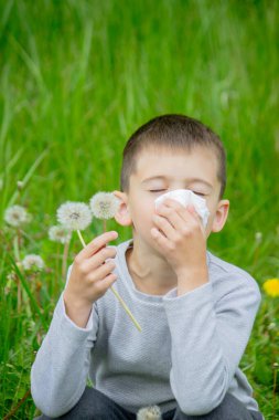 Çocuğun alerjisi var. Karahindiba üflüyor. Mevsimsel alerjiler. Burun akışı, sprey ve doku.
