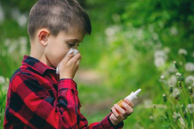 Çocuğun alerjisi var. Bir karahindiba üflüyor. Mevsimsel alerjiler. Burun akışı, sprey ve doku.