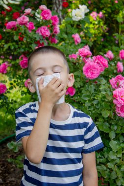 Çiçek alerjisinden hapşıran çocuk. Seçici odak.