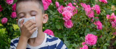 Çiçek alerjisinden hapşıran çocuk. Seçici odak.