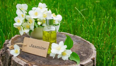 Cam şişede yasemin yağı ve yasemin çiçekleri. Yağlar