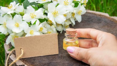 Cam şişede yasemin yağı ve yasemin çiçekleri. Yağlar