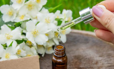 Cam şişede yasemin yağı ve yasemin çiçekleri. Yağlar