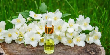 Cam şişede yasemin yağı ve yasemin çiçekleri. Yağlar