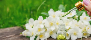 Cam şişede yasemin yağı ve yasemin çiçekleri. Yağlar