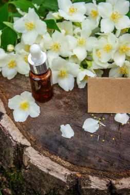 Cam şişede yasemin yağı ve yasemin çiçekleri. Yağlar
