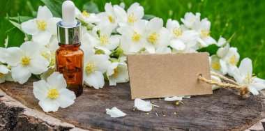 Cam şişede yasemin yağı ve yasemin çiçekleri. Yağlar