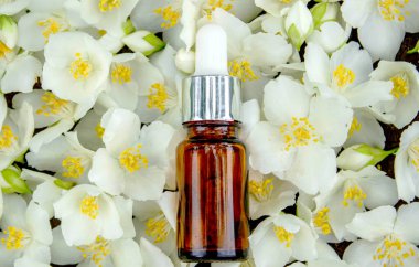 Cam şişede yasemin yağı ve yasemin çiçekleri. Yağlar