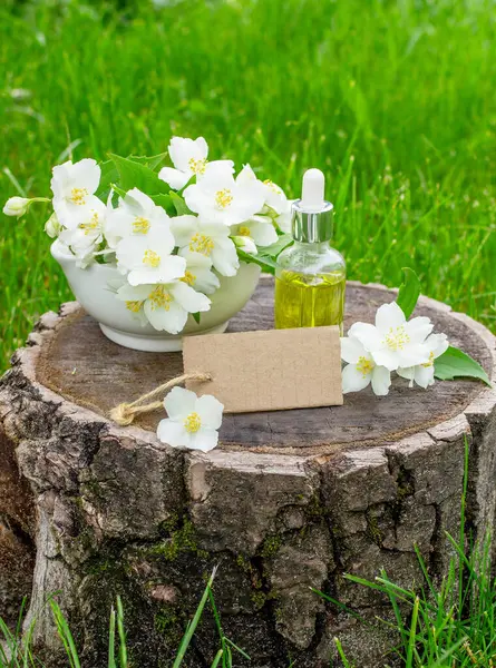 Cam şişede yasemin yağı ve yasemin çiçekleri. Yağlar