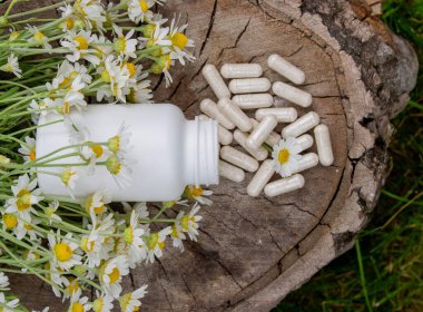 Tahta yüzeyde Papatya Kapsülü ve Taze Papatyalar.