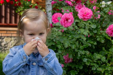 Güllere alerjisi olan küçük bir kız. Seçici odak.