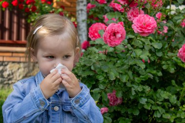 Güllere alerjisi olan küçük bir kız. Seçici odak.