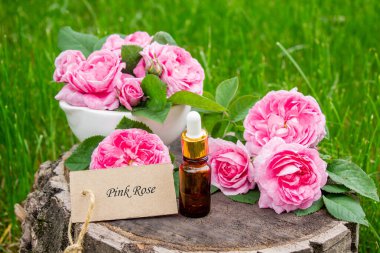 Şişe içinde gül yağı. Gerekli yağlar.