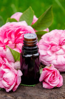 Şişe içinde gül yağı. Gerekli yağlar.