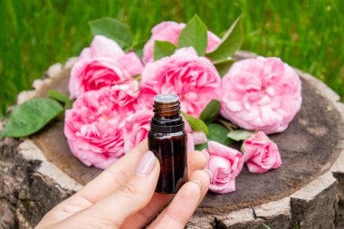 Şişe içinde gül yağı. Gerekli yağlar.