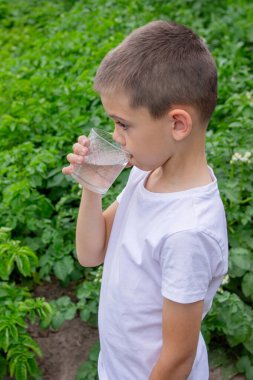 Çocuk bardaktan su içiyor doğanın arka planına karşı..