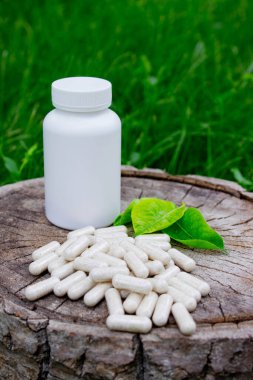 Kapsüllerde bitkisel ilaçlar, ağaç gövdesinde bitki yaprakları.