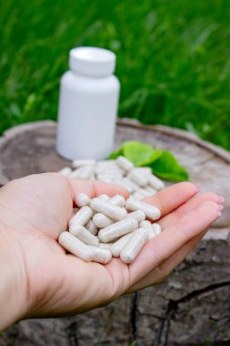 Kapsüllerde bitkisel ilaçlar, ağaç gövdesinde bitki yaprakları.