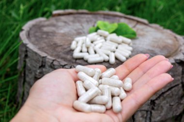 Kapsüllerde bitkisel ilaçlar, ağaç gövdesinde bitki yaprakları.