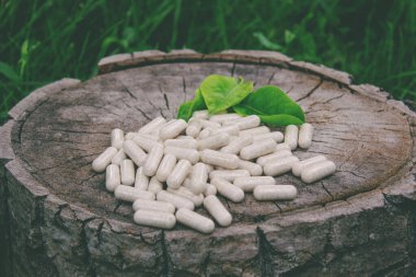 Kapsüllerde bitkisel ilaçlar, ağaç gövdesinde bitki yaprakları.