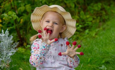 Bahçede ahududu yiyen küçük bir kız. Parmaklarında ahududu var.