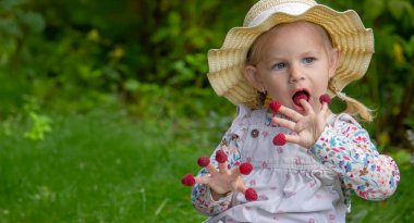 Bahçede ahududu yiyen küçük bir kız. Parmaklarında ahududu var.