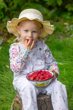 Bahçede ahududu yiyen küçük bir kız. Parmaklarında ahududu var.
