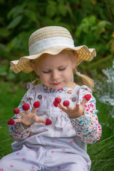 Bahçede ahududu yiyen küçük bir kız. Parmaklarında ahududu var.