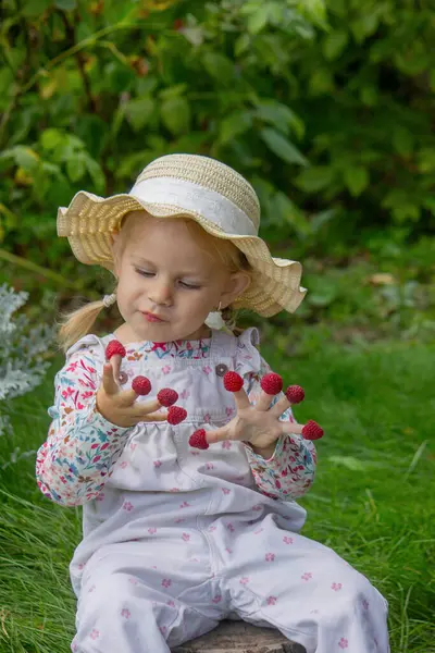 Bahçede ahududu yiyen küçük bir kız. Parmaklarında ahududu var.