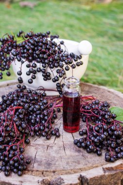 Halk ilaçları ve ahşap bir kütükte doğal siyah mürver şurubu. Mürver çileği..