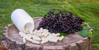 Doğal ilaçlar, kapsüller ve böğürtlenden yapılan bağışıklık takviyeleri.