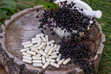 Doğal ilaçlar, kapsüller ve böğürtlenden yapılan bağışıklık takviyeleri.