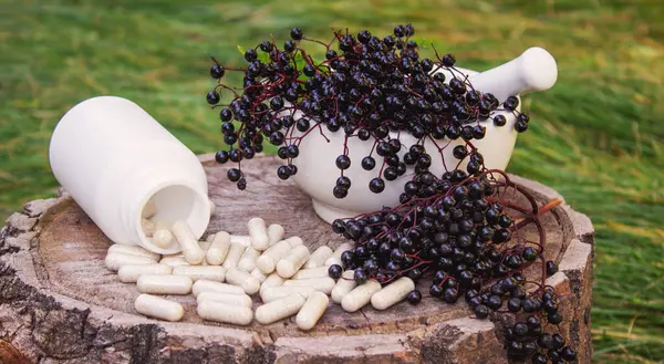 Doğal ilaçlar, kapsüller ve böğürtlenden yapılan bağışıklık takviyeleri.